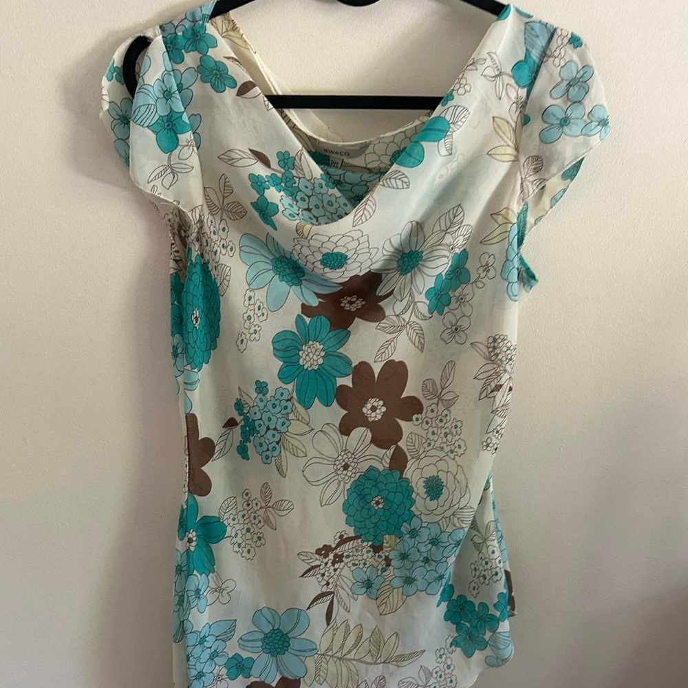 Office siren Y2K Sheer asymmetrical floral blouse with cowl neck